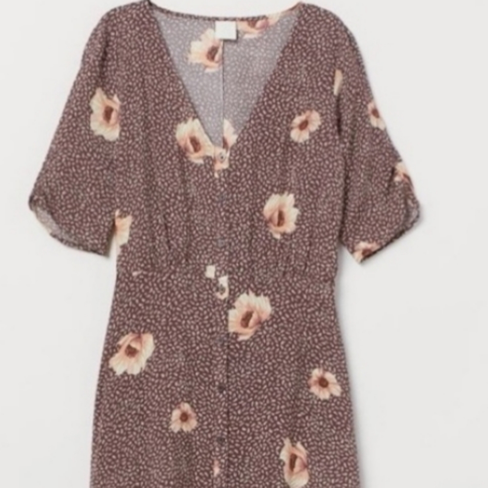 H&M Women’s Brown Floral Short Sleeve Midi Dress